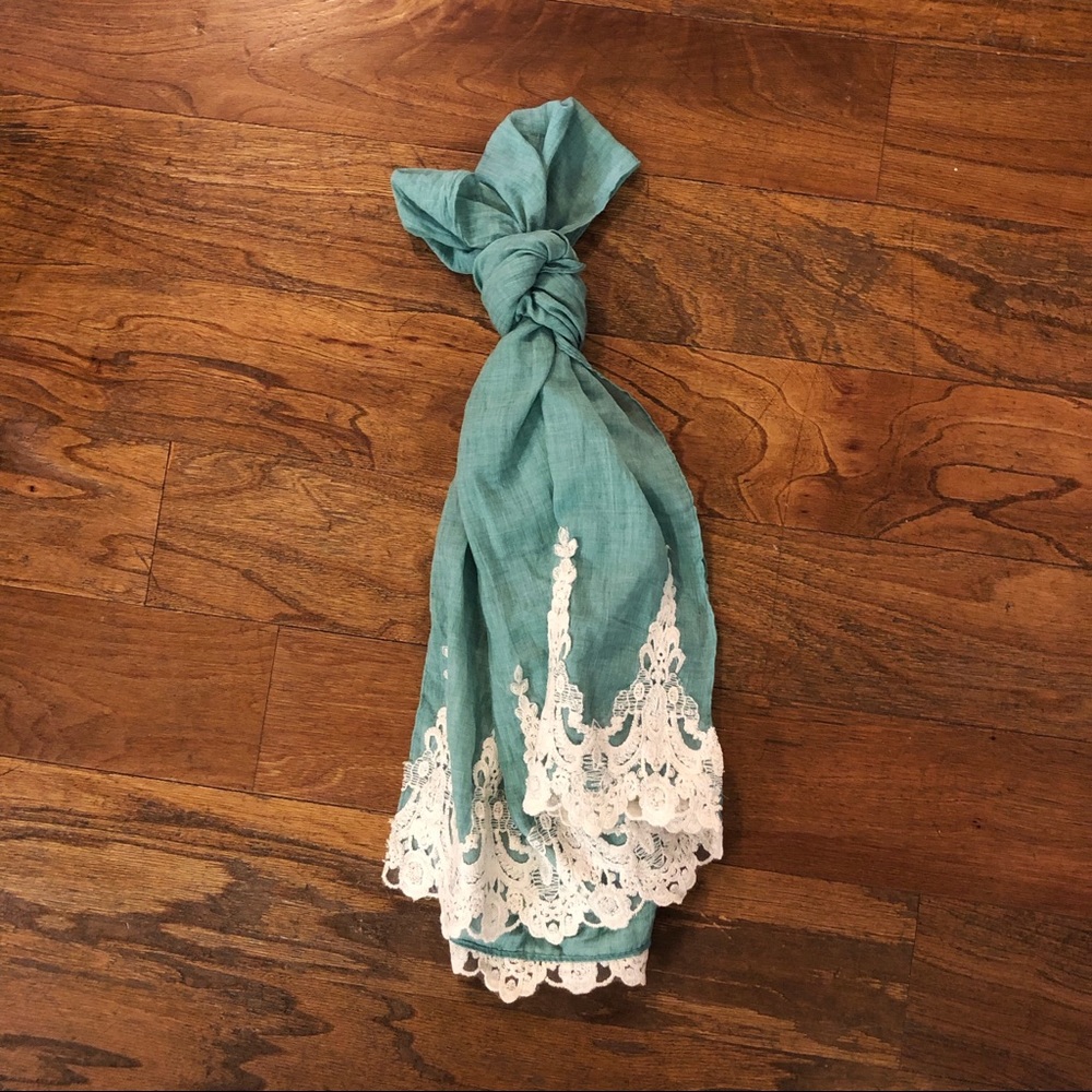 Turquoise Lightweight Scarf Wrap w/ Lace Trim